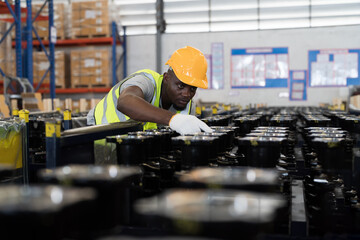 African American male warehouse worker wear safety uniform, helmet and inspecting quality of products in storage warehouse