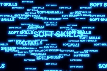 Soft Skills text inside rotating clouds of neon holographic words. High tech neon 3D illustration.