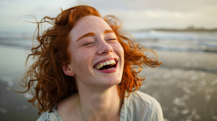 Joyful redhead woman laughing on the beach