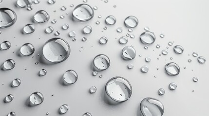 A large number of small, clear droplets of water on a white surface