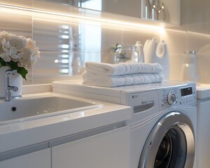 A wellmaintained laundry room features a washer, dryer, and sink, all contributing to a sense of cleanliness and organization 8K , high-resolution, ultra HD,up32K HD