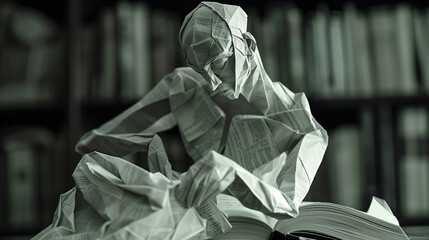 Paper man engrossed in reading a book