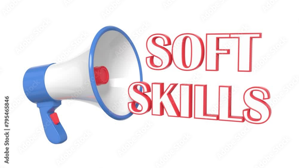 Poster megaphone text soft skills. concept guidance, notification, attention grabbing. 3d animation.