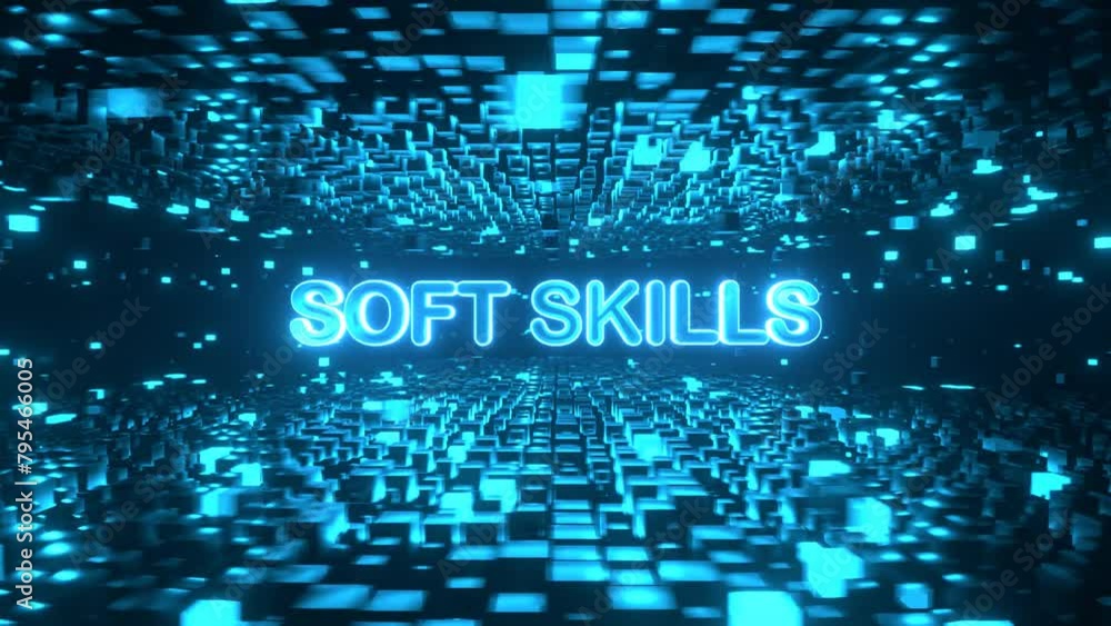 Leinwandbilder soft skills text inside rotating cube platforms in cyberspace. high-tech neon 3d animation.