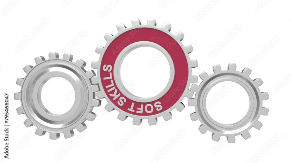 Poster spinning gears text soft skills. interaction concept. 3d animation.