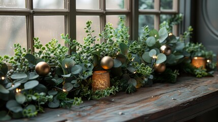 Hang modern metallic garlands with minimalist greenery from your windows for a festive and stylish holiday accent.
