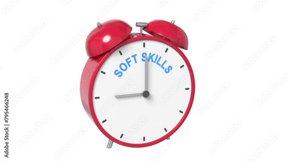 Poster ringing alarm clock text soft skills. deadline concept. 3d animation