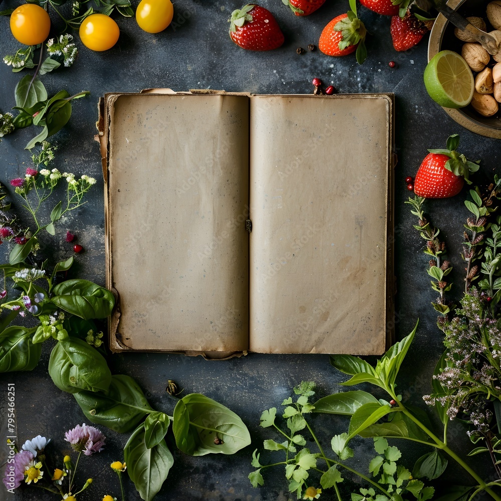 Poster cookbook with recipes using wild and locally sourced ingredients set against a natural landscape bac