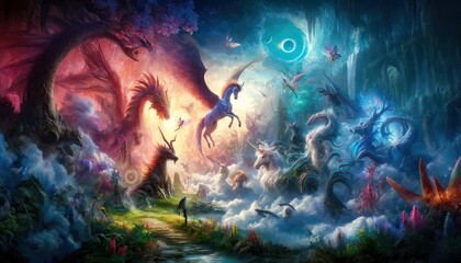 Mythical Creatures in a Vivid Fantasy Landscape