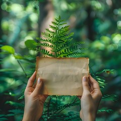 Holding Handmade Kraft Paper Package with Fern Leaf in Lush Forest Landscape for Newsletter Dedicated to Conservation Updates and Stories - obrazy, fototapety, plakaty