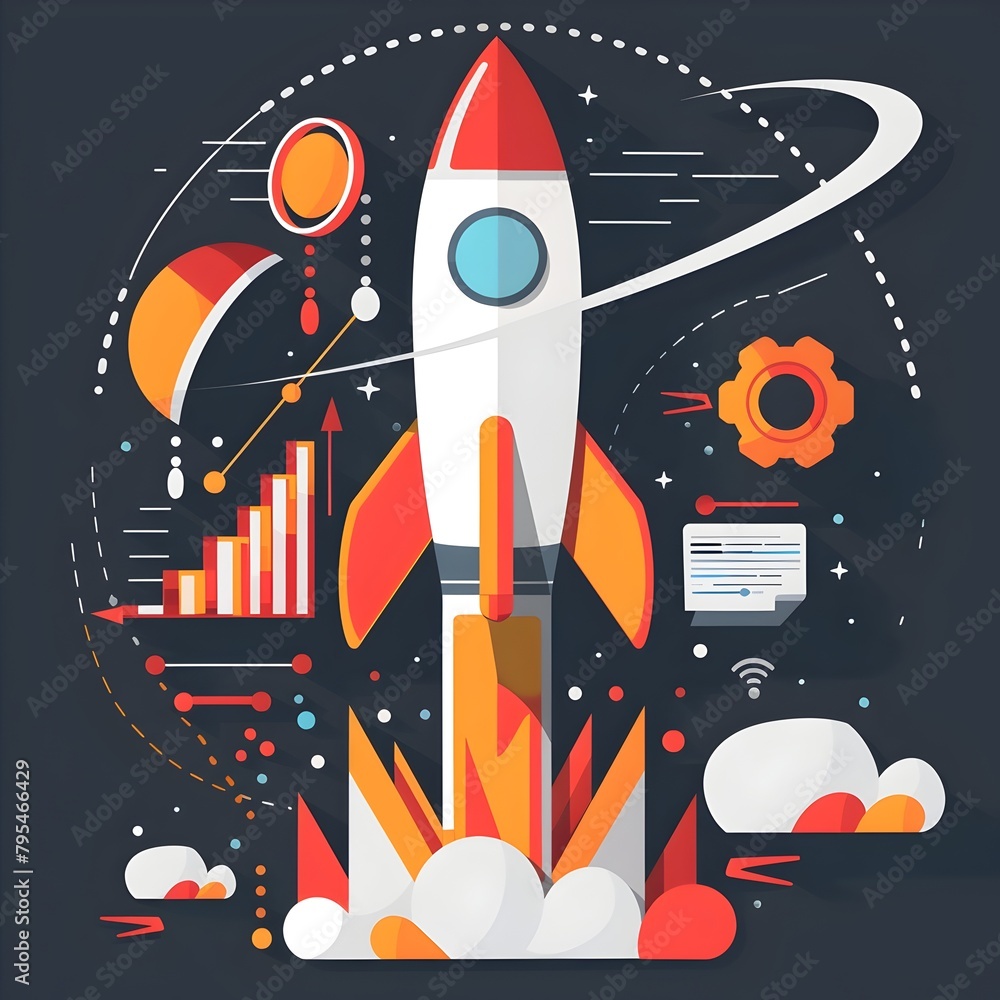 Poster rocket launch infographic visualizing steps to startup success and business innovation