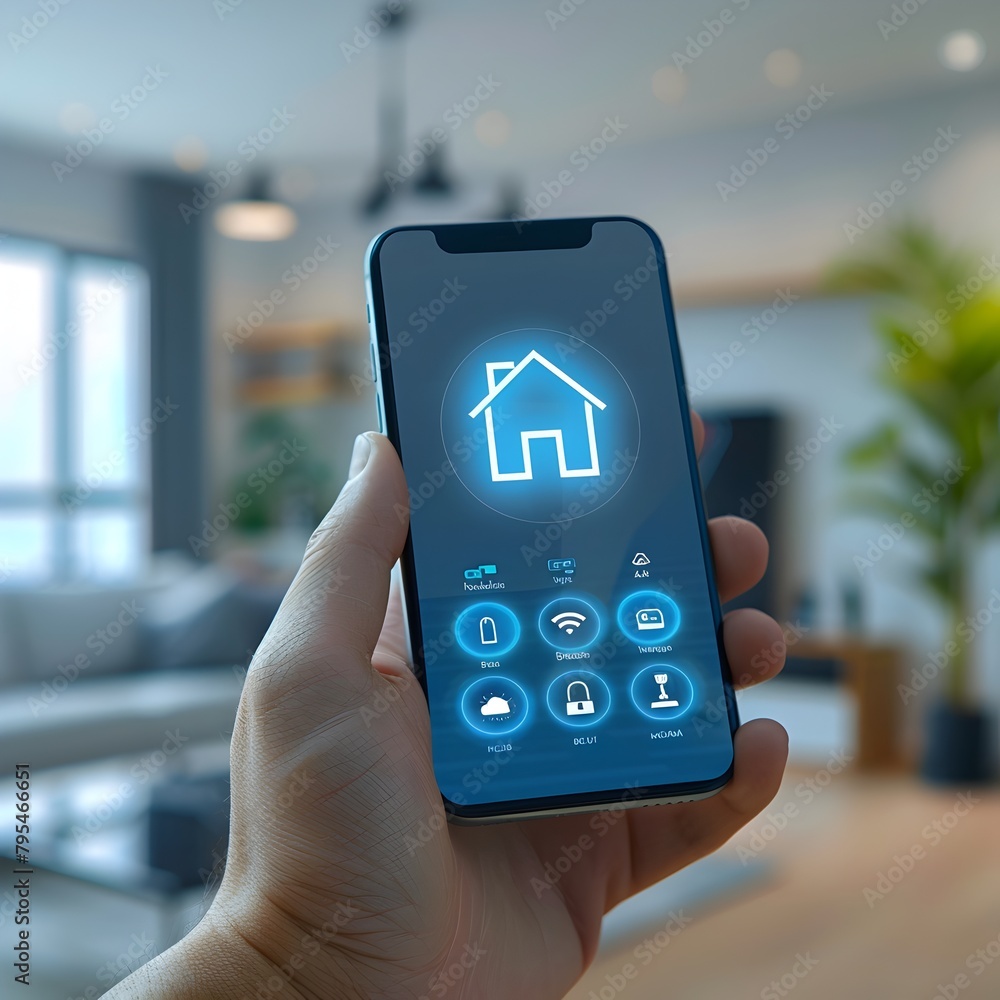 Poster smart home technology mobile app interface demonstrating home automation solutions
