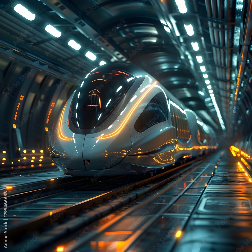 Poster futuristic high speed railcar transporting passengers through illuminated tunnel