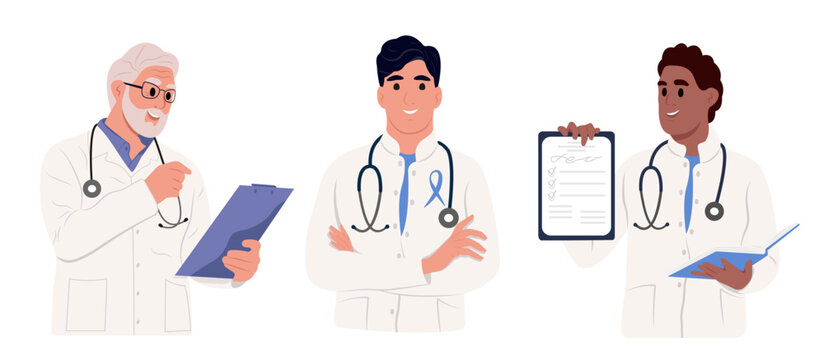Doctors holding clipboard, examination notes, medical documents, test results, prescription papers, in hands, talking. Vector flat illustration isolated on white.