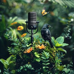Nature Podcast Studio with Colorful Wildflowers and Perched Bird