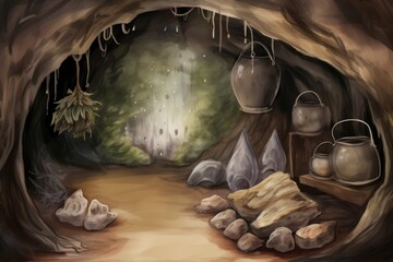 A beautiful cave with a lot of crystals and a small opening in the distance that leads to a bright green forest.