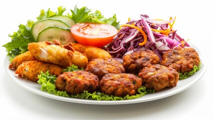 A plate with a jacket dish, nuggets, chicken cutlets and some salad. The background is pure white.