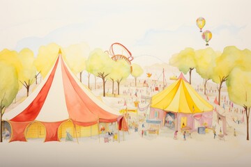 A colorful watercolor painting of a circus with a Ferris wheel, big top tents, and hot air balloons.