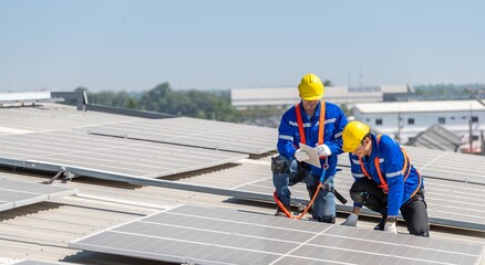 Two solar panel workers installing solar panels on a roof.