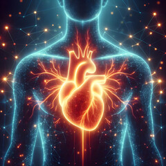 Glowing human heart. Neon image futuristic style