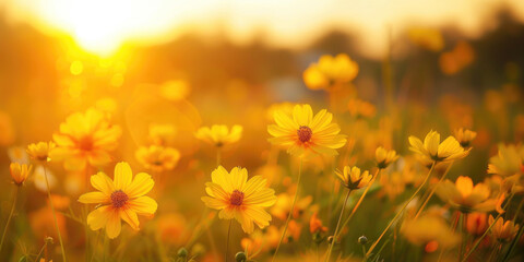 Obraz premium Beautiful field of yellow wild flowers at sunset. Tranquil, soft, idyllic spring summer nature blurred background. 