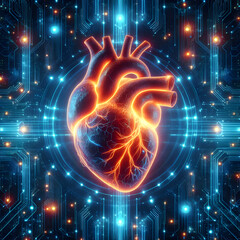 Glowing human heart. Neon image futuristic style