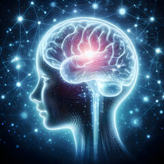 Glowing human brain. Brain work.  Neon image futuristic style. 