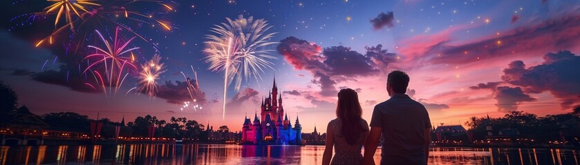 An image of a couple enjoying a romantic moment, watching a spectacular fireworks display at a renowned theme park, with the message The Happiest Place on Earth, highlighting the magic and romance of 