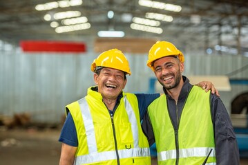 Two happy factory workers wearing hard hats and safety vests standing with arms crossed.