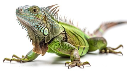 Full body image of a green iguana (iguana iguana) on a white background The long body of an iguana and a crest that has a clear sawtooth appearance along the back.