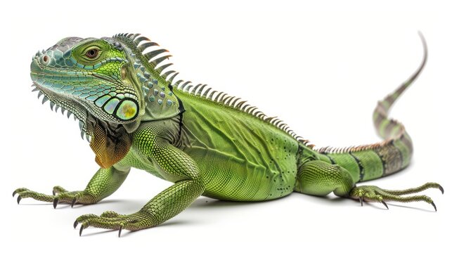 Full body image of a green iguana (iguana iguana) on a white background The long body of an iguana and a crest that has a clear sawtooth appearance along the back.