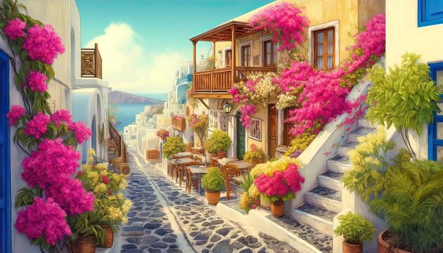 Fototapeta Idyllic Greek Street with Blooming Flowers