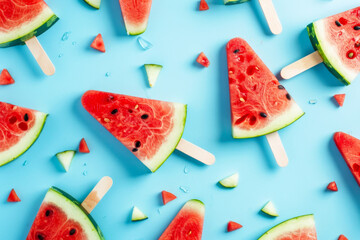 Watermelon popsicles against light blue background, summer concept, top view