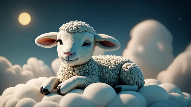 Cartoon white fluffy sheep on a cloud against the background of the starry sky. Cute pet sleepy animal