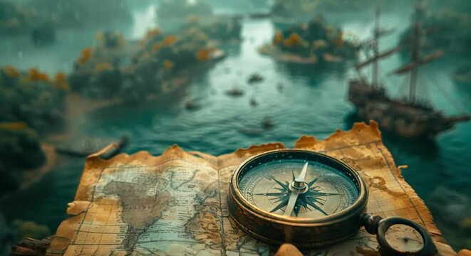A compass and a map with imaginative destinations, travel creativity, blurred background