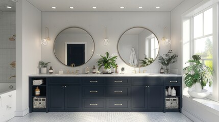 Luxurious Bathroom in Brand New Home Light-Filled, Big Vanity, Dark Blue Cabinets, Two Sinks, Bathtub, Circular Mirrors, and Organized Closet Display