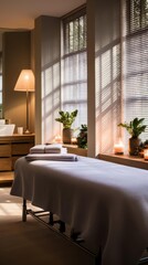 A luxurious spa therapy room with soft lighting and a massage table