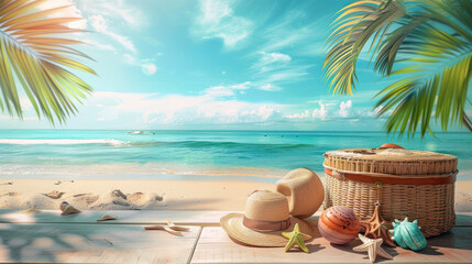 Obraz premium A serene beach scene with a picnic basket suggesting a relaxing and peaceful beach day getaway in a tropical paradise