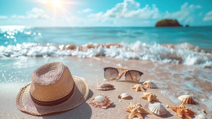 Evoking tranquility, this beach landscape features a straw hat and sunglasses resting on white sand with waves gently lapping the shore