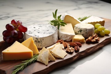 Assorted cheese selection on wooden board with grapes, pecans, and rosemary, on marble surface. Gourmet and culinary concept. Design for menu, food blog, poster.