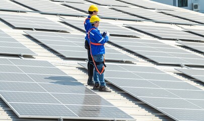 Two solar panel workers wearing safety gear inspect a large solar panel array on a factory rooftop.