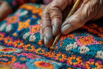 Traditional tatreez embroiderer, Palestinian heritage, colorful patterns - obrazy, fototapety, plakaty