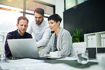 Business, people and discussion at boardroom with laptop for meeting on teamwork, collaboration on...