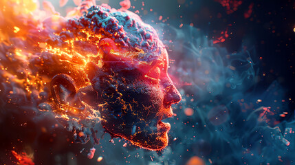 Fiery transformation of a human profile captured in 3D art, blending elements of human with the metaphysical flame of creation