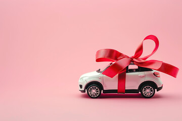 White model car with red ribbon bow on a pink background. Car as gift, surprise. Present concept. Close up full length size of toy car isolated on color backdrop, copyspace. Rental, auto dealership