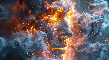 Intense 3D render of a human face engulfed in a blaze of elemental fury, depicting inner strength and passion