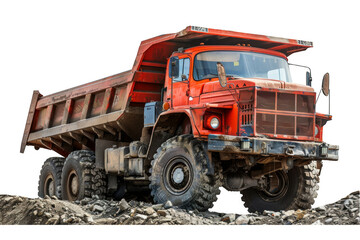 A large orange dump truck is driving on a dirt road on a transparent background.
