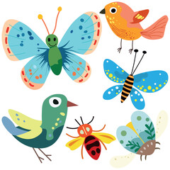 Drawing of insects and birds in children's style. Butterflies, bugs and birds on a white background. Individual elements.