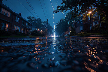 Puddle view of suburban street during a thunderstorm with lightning strike