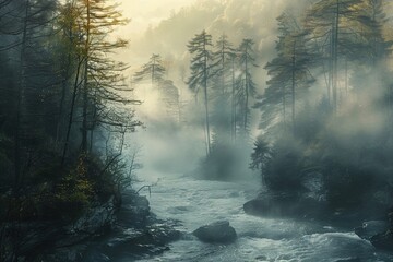 Serene river flowing through a misty forest on a foggy morning